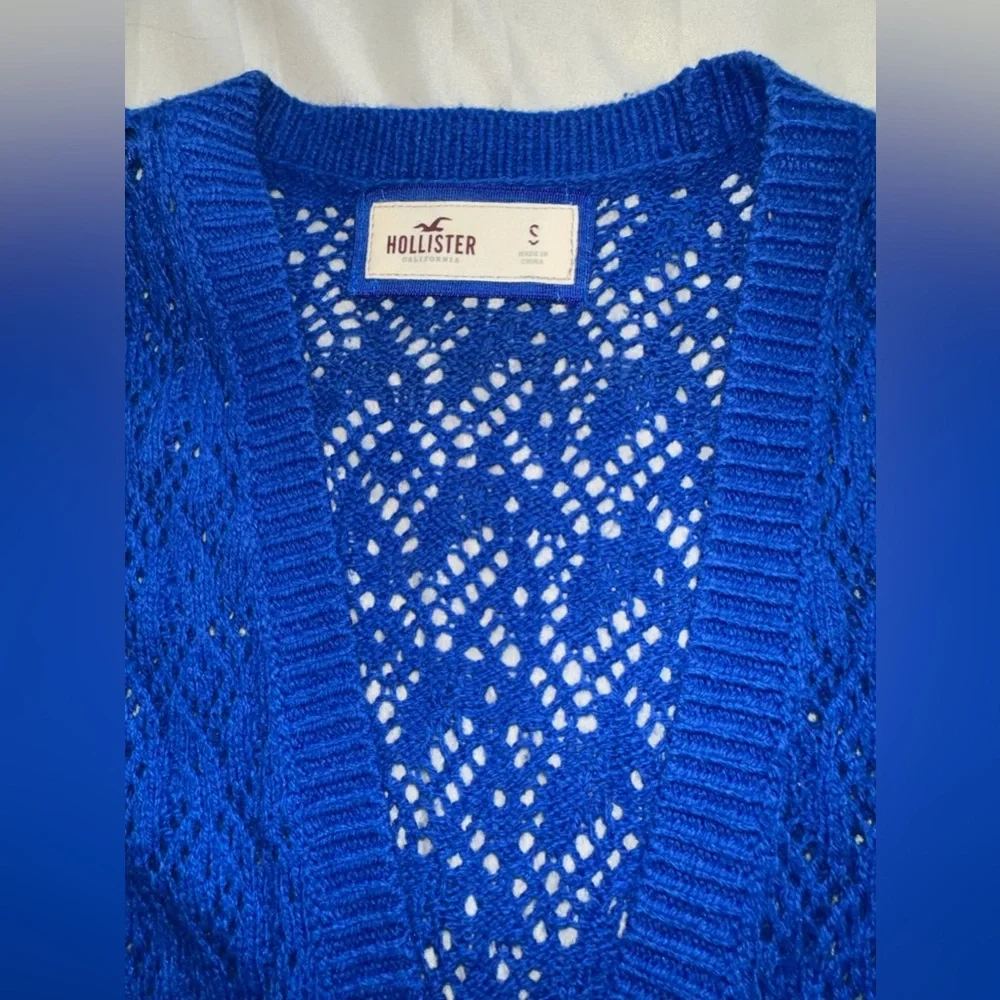 Hollister royal blue crochet knit button cardigan sweater with pockets Y2K - Picture 7 of 8